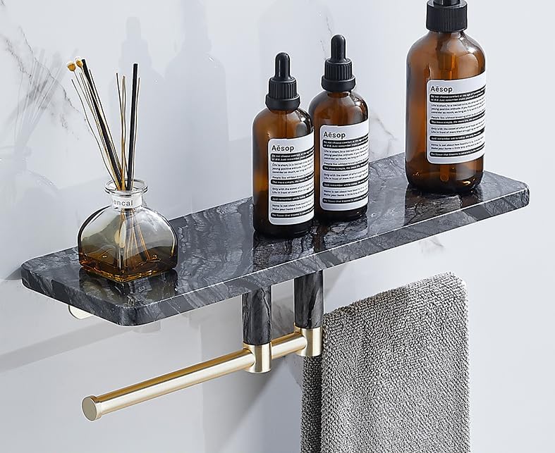 Marble Paper Towel Holder, Towel Rail, Wall Mounted Toilet Paper Holder, Shelf, black-50 Long Shelf with bar