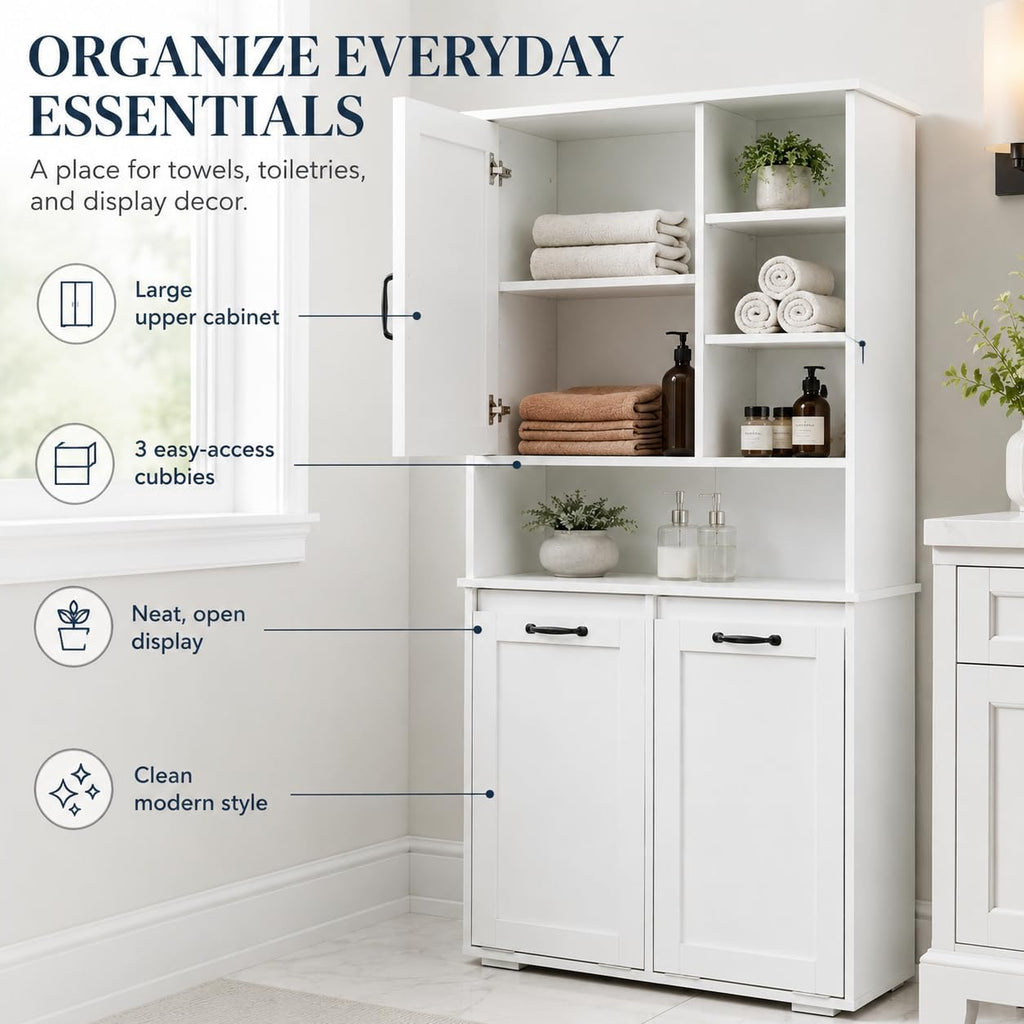 Bathroom Storage Cabinet with 2 Tilt-Out Bins, Freestanding | Particle board, MDF, melamine finish, 2 tilt-out bins, adjustable shelf, open shelves, bathroom, 31.5 W x 15.75 D x 63 H in