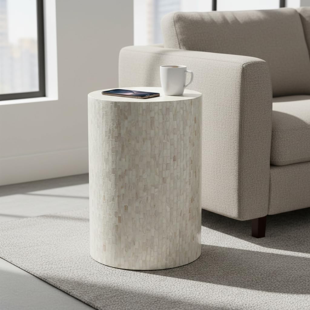 PEMAR Mother of Pearl Cylinder Drum End Table Nacre Side Stool Round Accent Table Coffee Bedside Nightstand and Vanity Stool 13' Diameter x 19.3' High Pearl White & Cream