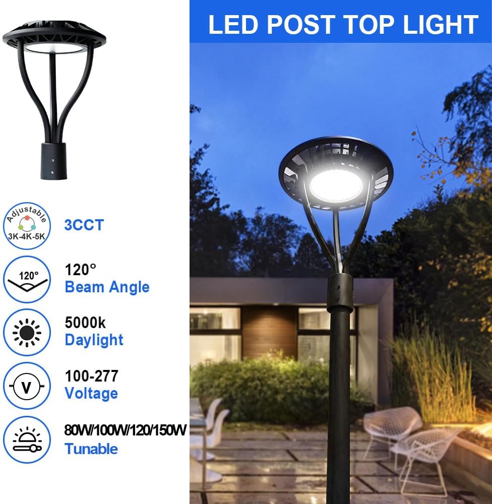 OSTEK LED Post Top Pole Light with Dusk to Dawn Photocell, 3CCT & 4 Wattage Selectable (80W/100W/120W/150W), 0-10V Dimmable, 140LM/W, IP65 Waterproof Outdoor Area Lighting