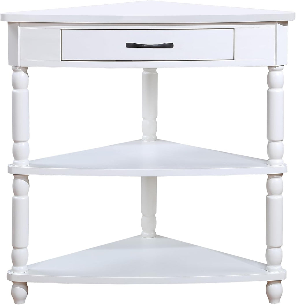 33.8'' Small Triangle Corner Table,3 Tier End Corner Table with Open Shelf and Solid Wood Legs,Wood Corner Side Table with 1 Storage Drawer for Bedroom,Living Room,Small Spaces (Milk White)