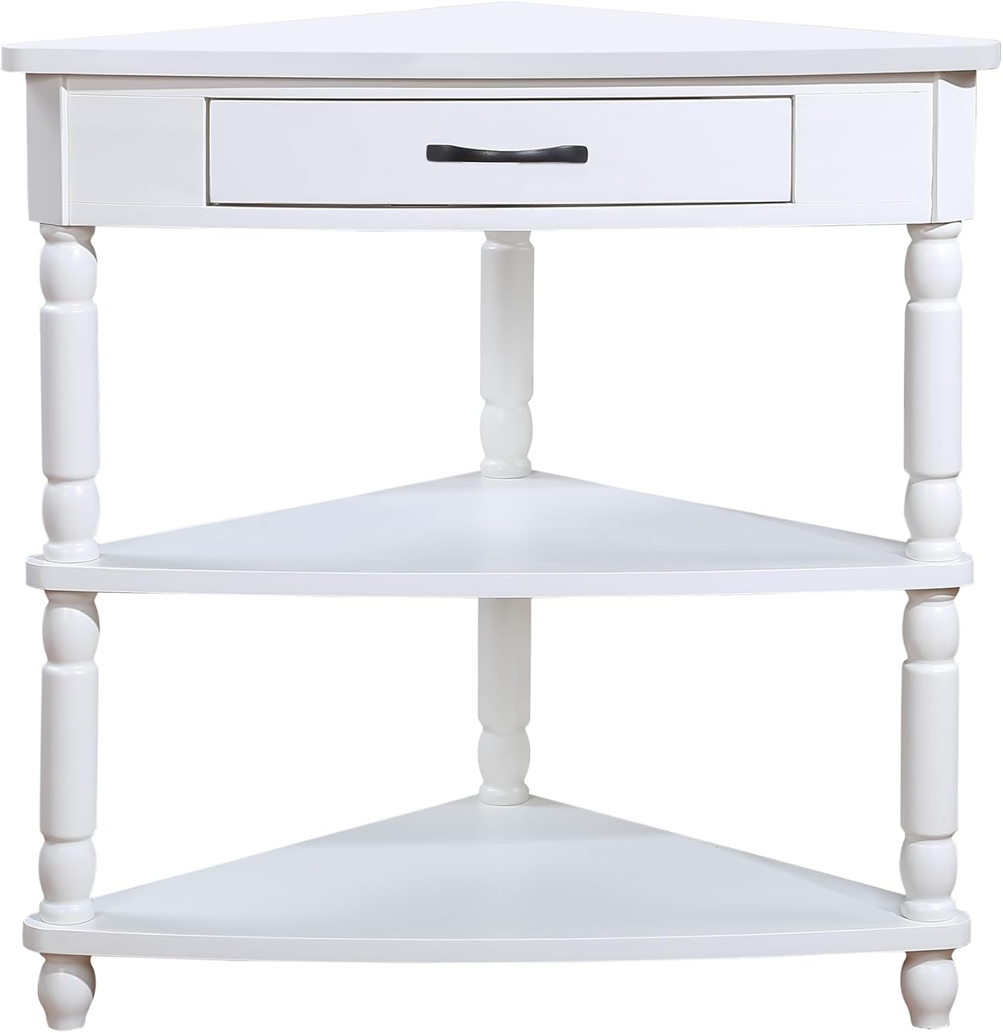 33.8'' Small Triangle Corner Table,3 Tier End Corner Table with Open Shelf and Solid Wood Legs,Wood Corner Side Table with 1 Storage Drawer for Bedroom,Living Room,Small Spaces (Milk White)