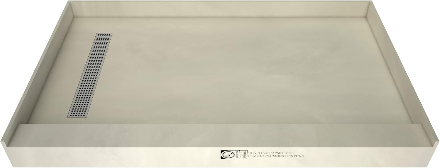 Tile Redi RT3660L-PVC-SQPC Shower Pan with Left Drain- Single Curb Shower Base, 2' PVC Drain, and Grate Included, 60' Width x 36' Depth