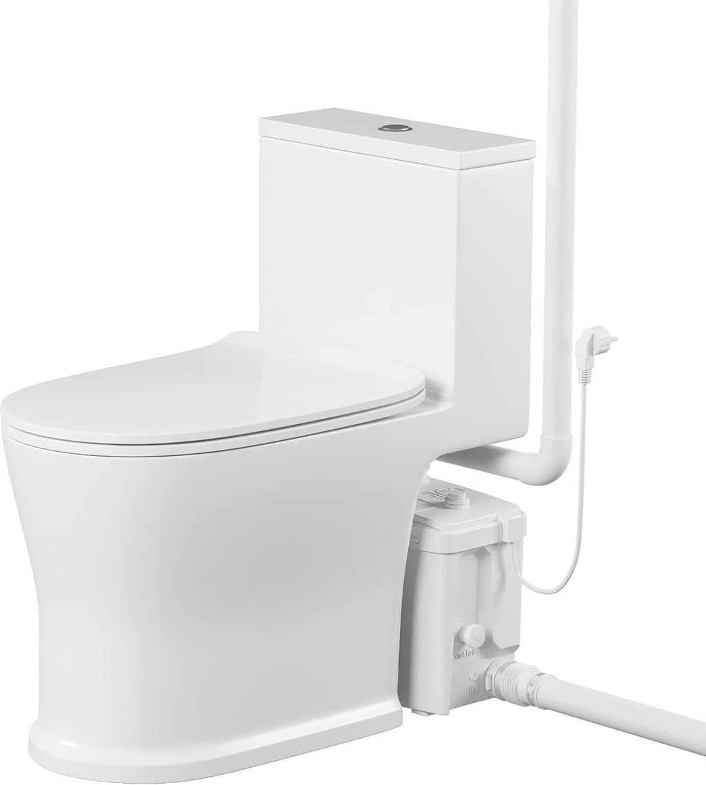 36ft Upflush Macerating Toilet System, Basement Toilet with Macerator Pump, One Piece Full Skirted, Flexible Top or Side Drain Port for Household Commercial Use, 1HP, 120V, CEC Approved
