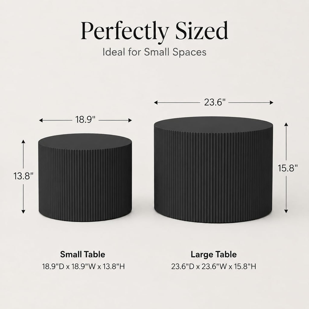 Otterease Round Coffee Table Set of 2, Modern Wooden Black Nesting Tables for Living Room, No Assembly Required Circle Side Tables Set Accent End Table for Bedroom, Balcony