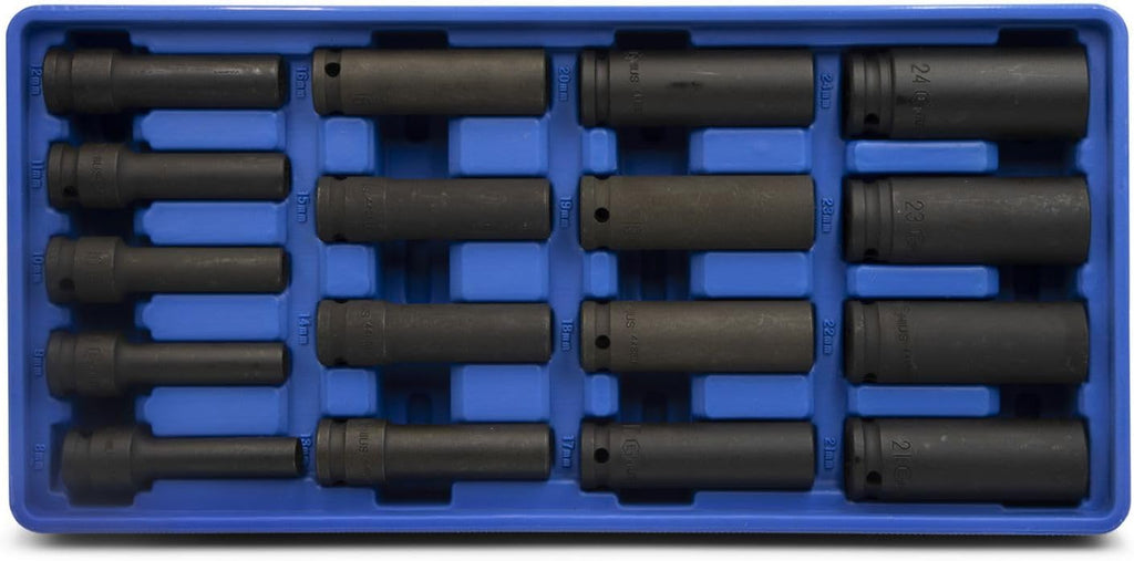 Genius Tools 17 Piece 1/2' Dr. Metric Deep Thin Wall Impact Socket Set (12-Point) DI-417MD