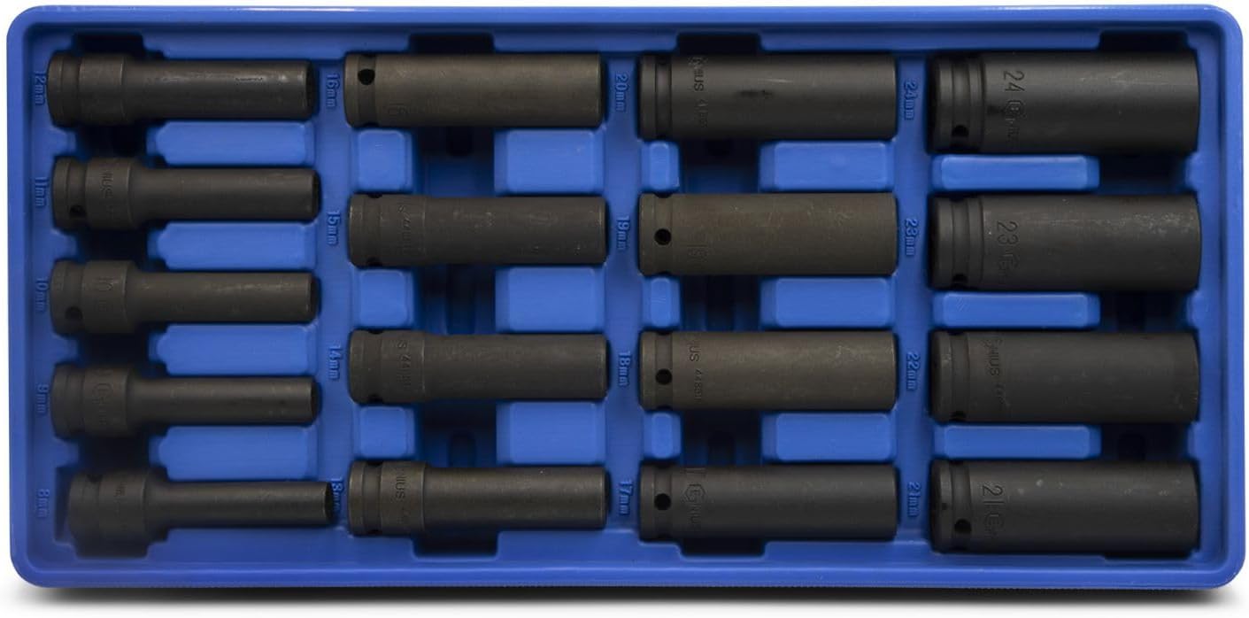 Genius Tools 17 Piece 1/2' Dr. Metric Deep Thin Wall Impact Socket Set (12-Point) DI-417MD
