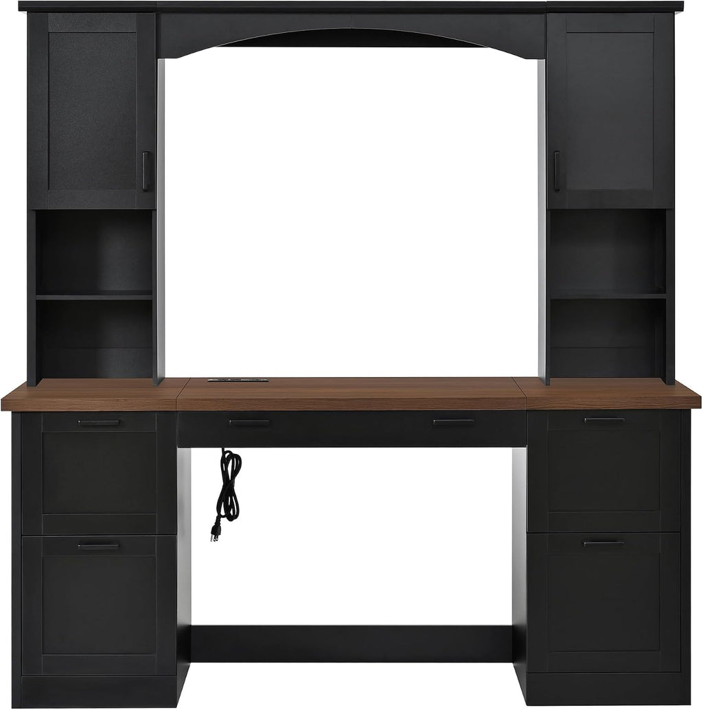 Farmhouse Arched Computer Desk with Hutch,Walnut Home Office Workstation with Charging Station & Keyboard Tray,All-in-One Writing Desk for Study, Office (Black-FA)