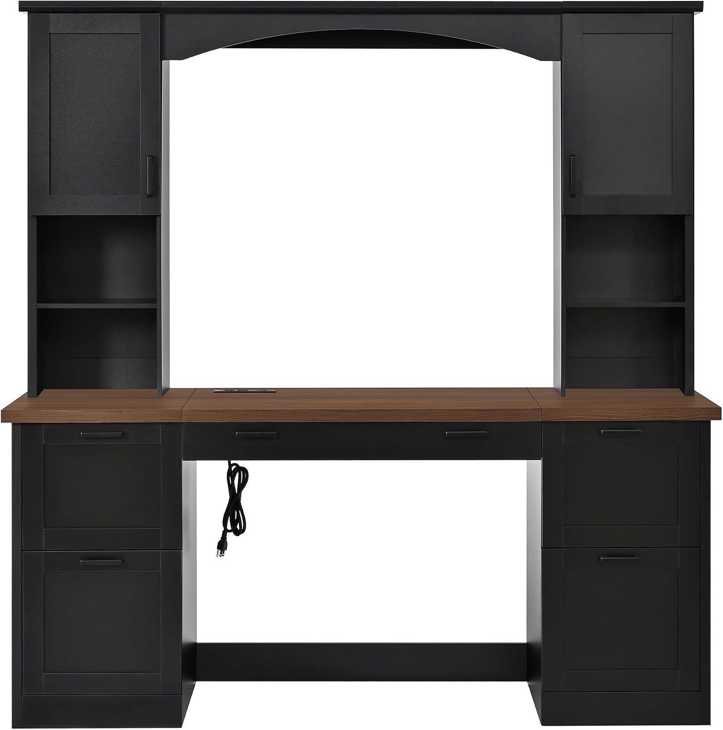 Farmhouse Arched Computer Desk with Hutch,Walnut Home Office Workstation with Charging Station & Keyboard Tray,All-in-One Writing Desk for Study, Office (Black-FA)