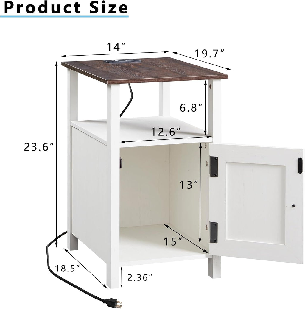 IFGET Farmhouse Nightstand Set of 2, End Table with Charging Station, Rustic Side Table w/Barn Door & Open Shelves, Bedside Table w/Storage Space and Storage Cabinet for Bedroom, Living Room (White)