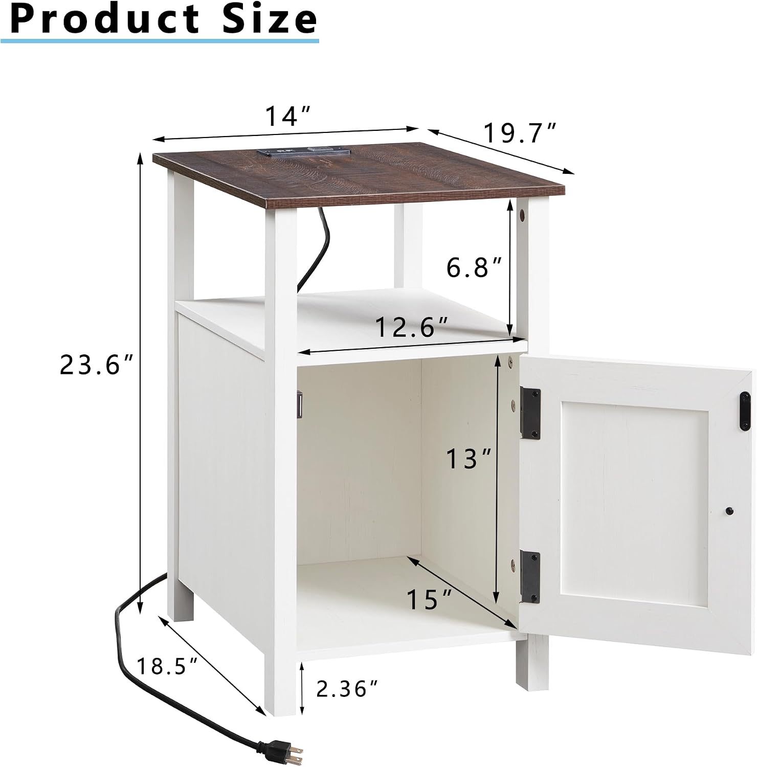 IFGET Farmhouse Nightstand Set of 2, End Table with Charging Station, Rustic Side Table w/Barn Door & Open Shelves, Bedside Table w/Storage Space and Storage Cabinet for Bedroom, Living Room (White)