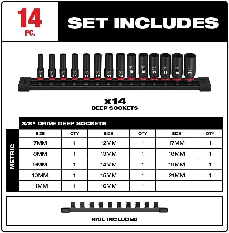3/8 In Drive Impact Socket Set For Milwaukee Tool 49-66-7008, Metric, 14 Pc. Pcs