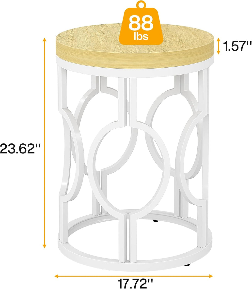 Tribesigns Round End Table Set of 2, Farmhouse Side Table with White Metal Hollow Frame, Small Bedside Table Nightstand for Living Room, Bedroom, Easy Assembly (Natural Beige,2 PCS)