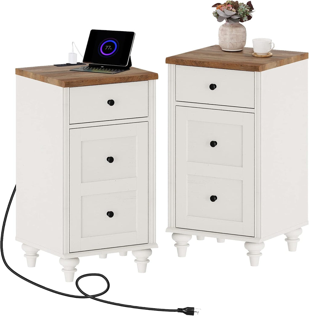 WAMPAT Nightstands with Charging Station, Set of 2 End Table with Power Outlets & USB Ports for Living Room, Modern Side Table with Wooden Drawer and Storage Cabinet for Bedroom, Off White