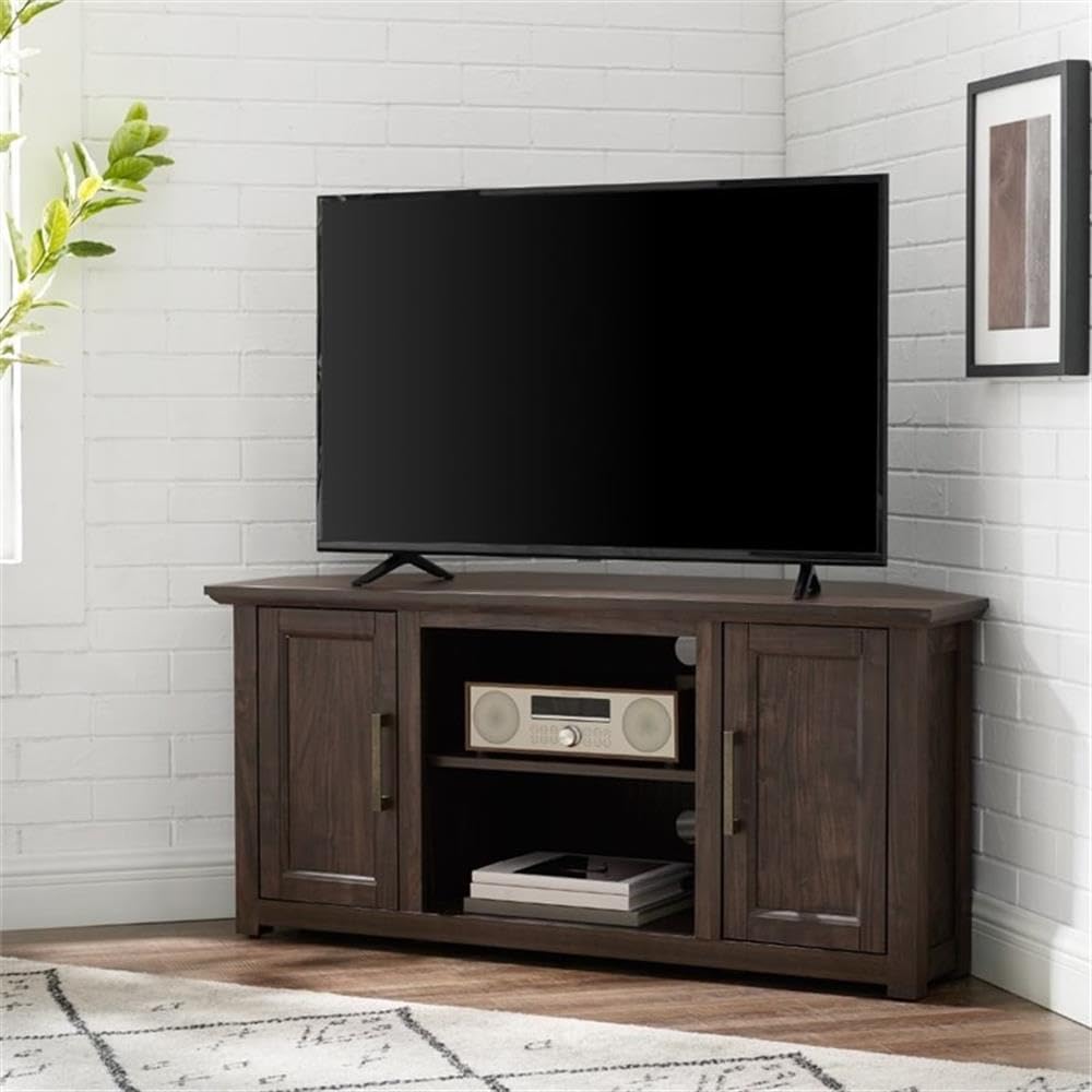 Pemberly Row Modern 48' Rustic Wood Corner TV Stand, Dark Walnut Finish, Fits TVs Up to 50 in, Adjustable Shelves, Antique Brass Hardware, Cable Management, Space-Saving Design for Living Room