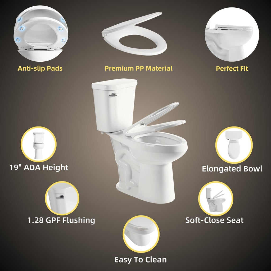 19 Inch High Toilet, Los Flexi ADA & Elongated Extra Tall Toilet for Seniors, Comfort Height Two-Piece Toilet With Soft-Close Seat,12' Rough-In, S-Trap, Siphonic Flush 1.28 GPF