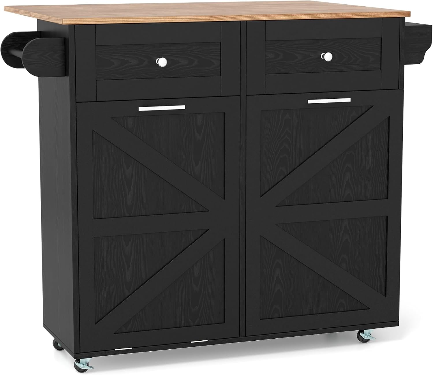 Rolling Kitchen Island with Trash Can Storage Cabinet, Drop Leaf Breakfast Bar Table, Towel Holder, 2 Drawers & Door Racks, 4 Rubber Wheels, Wood Island Table for Kitchen (Black)