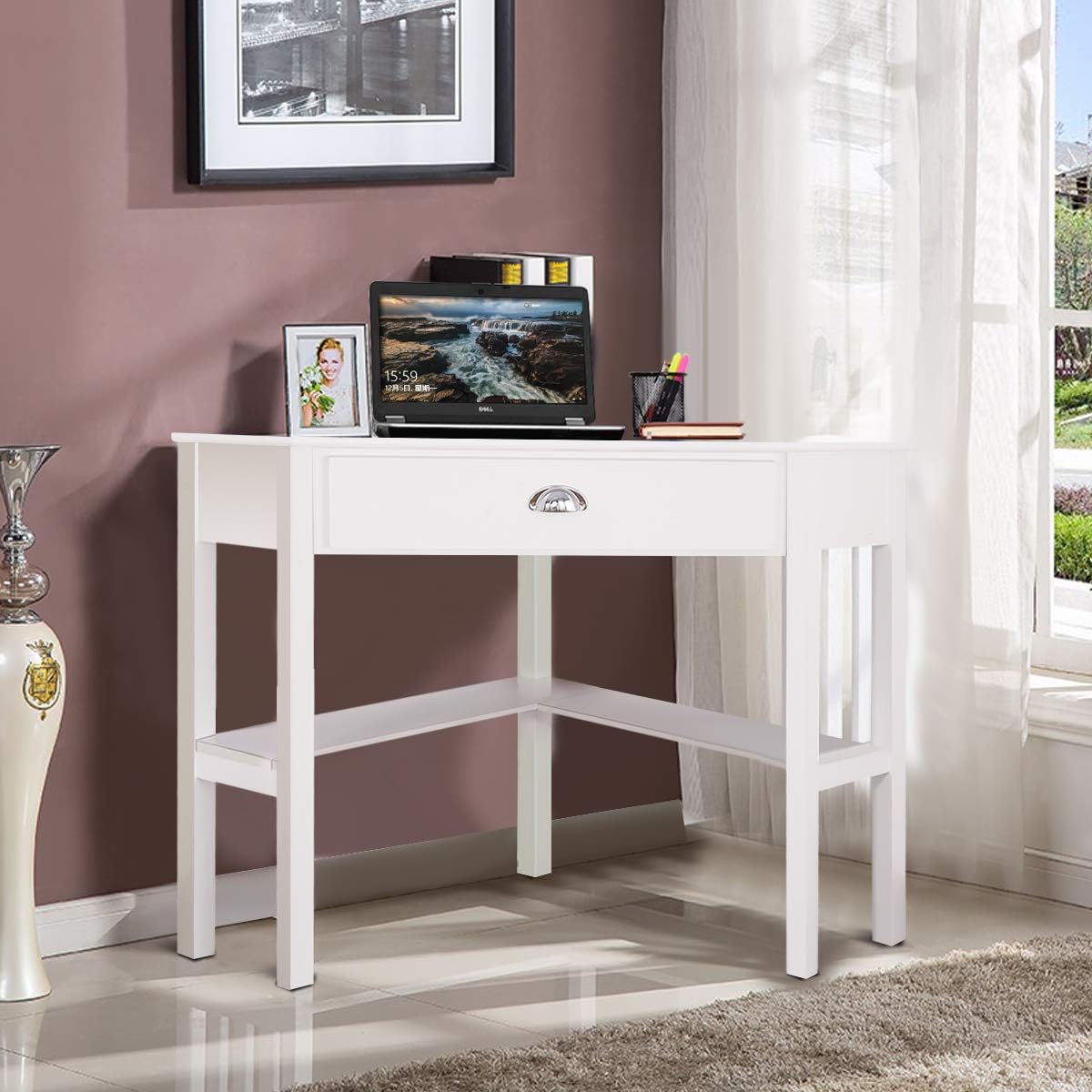 HOMGX Corner Desk With Storage Drawer and Shelves - Writing and Study Computer Workstation for Home Office, White