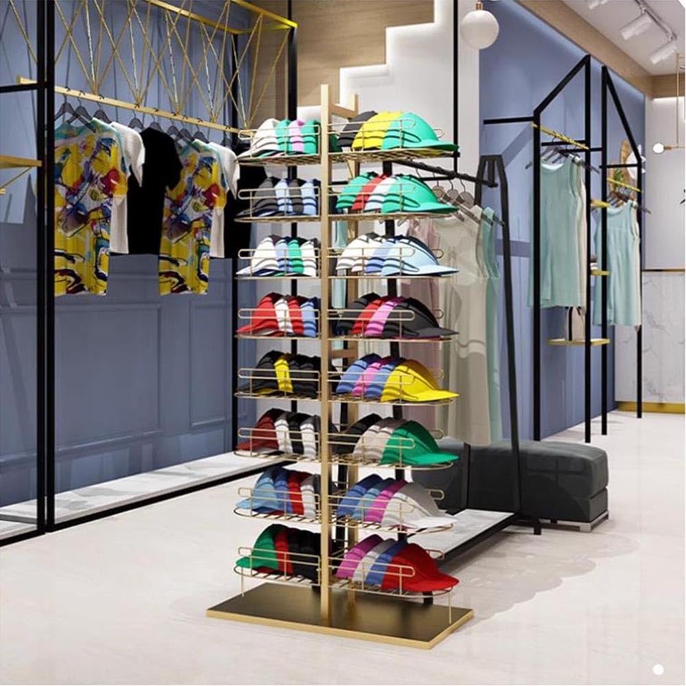 8 Tier Hat Display Stand Metal, Standing Hat Organizer Rack for Baseball Caps/Cowboy Hats/Full Brim Hat Easy Assembly,Gold-60X30X132Cm