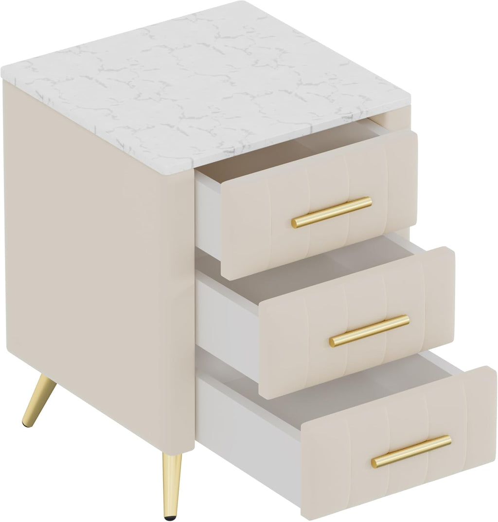 Merax Nightstand with Drawers Set of 2, Upholstered Wood Bedside End Table with Marbling Top, Beige