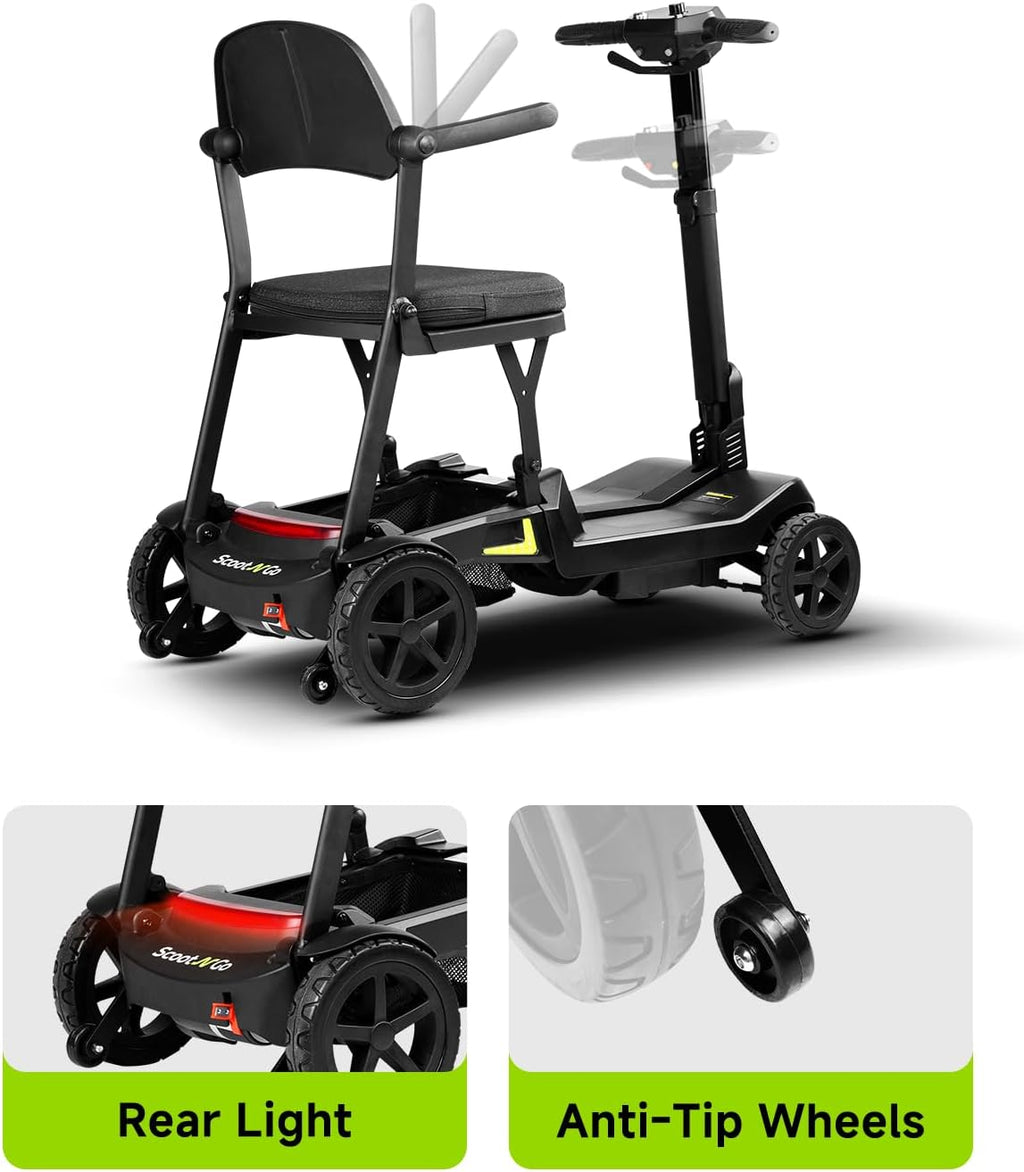SCOOTNGO Mobility Scooters for Seniors & Adults 4 Wheel Travel Mobility Scooter Airline Approved with Two Batteries, Lightweight, Foldable, No Assembly Needed (Black Yellow, Dual Batteries with Wagon)