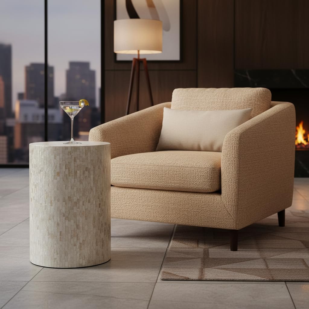 PEMAR Mother of Pearl Cylinder Drum End Table Nacre Side Stool Round Accent Table Coffee Bedside Nightstand and Vanity Stool 13' Diameter x 19.3' High Pearl White & Cream