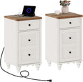 Nightstands with Charging Station, Set of 2 Wood End Table with Drawer and Storage Cabinet, Modern Side Tables Living Room Set of 2, Farmhouse Night Stands Bedside Table for Bedroom, White/Oak