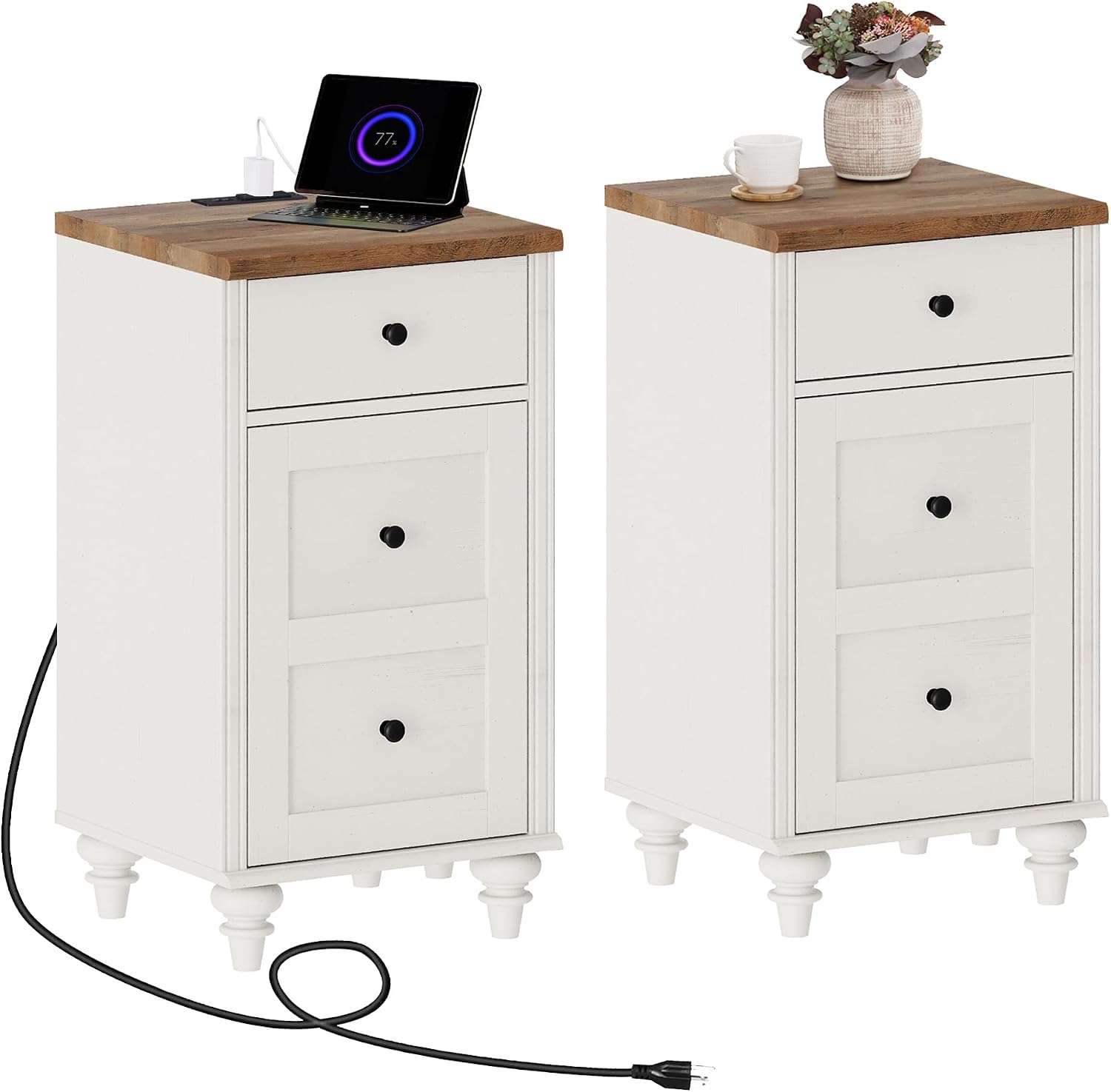 Nightstands with Charging Station, Set of 2 Wood End Table with Drawer and Storage Cabinet, Modern Side Tables Living Room Set of 2, Farmhouse Night Stands Bedside Table for Bedroom, White/Oak