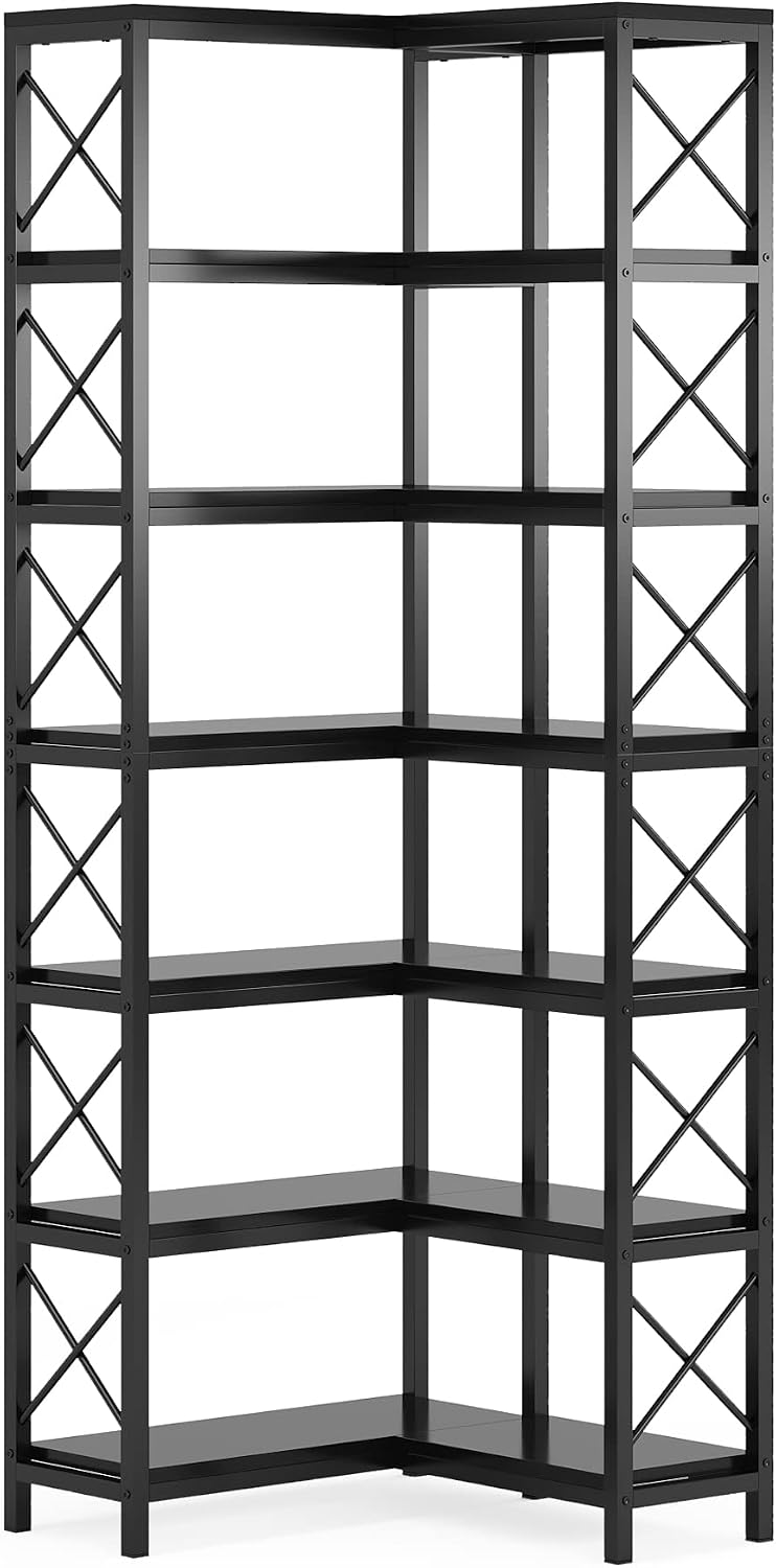 Tribesigns 7-Tier Corner Bookcase, Industrial Large Corner Bookshelf, 7-Shelf Tall Shelf Storage Display Rack with Metal Frame for Living Room Home Office, Black