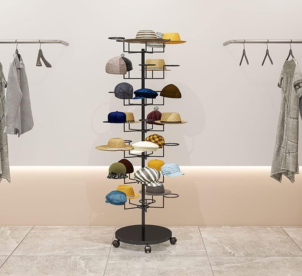 Hat Display Stand Rolling Hat Organizer Holder for Baseball Caps, Standing Hat Display Rack with Wheels, for Home Store Storage, Black
