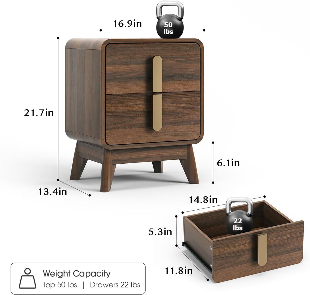 JOINICE, Nightstands Set of 2, Mid Century Modern Nightstand with Drawers, Bedside Tables with Solid Wood Legs, End Side Tables for Bedroom, Small Space,Walnut