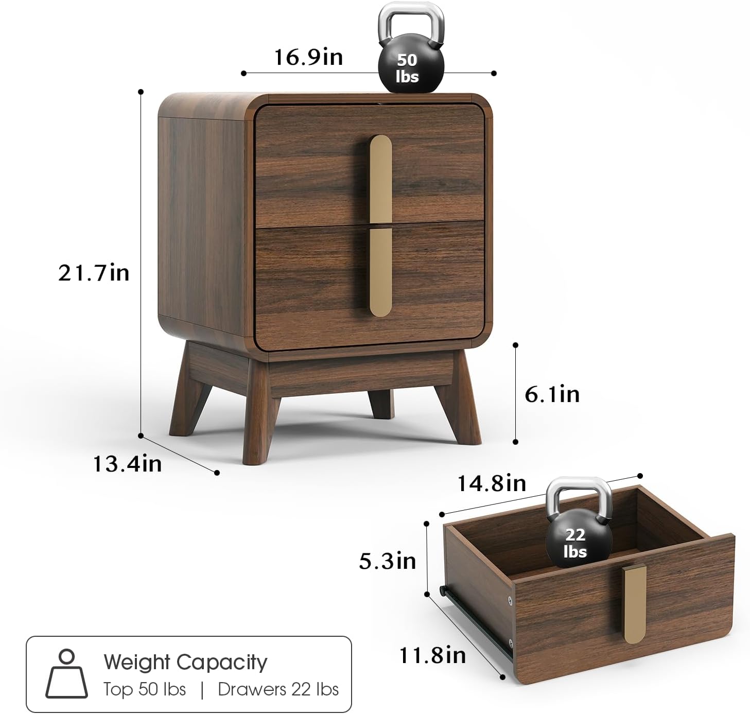 JOINICE, Nightstands Set of 2, Mid Century Modern Nightstand with Drawers, Bedside Tables with Solid Wood Legs, End Side Tables for Bedroom, Small Space,Walnut