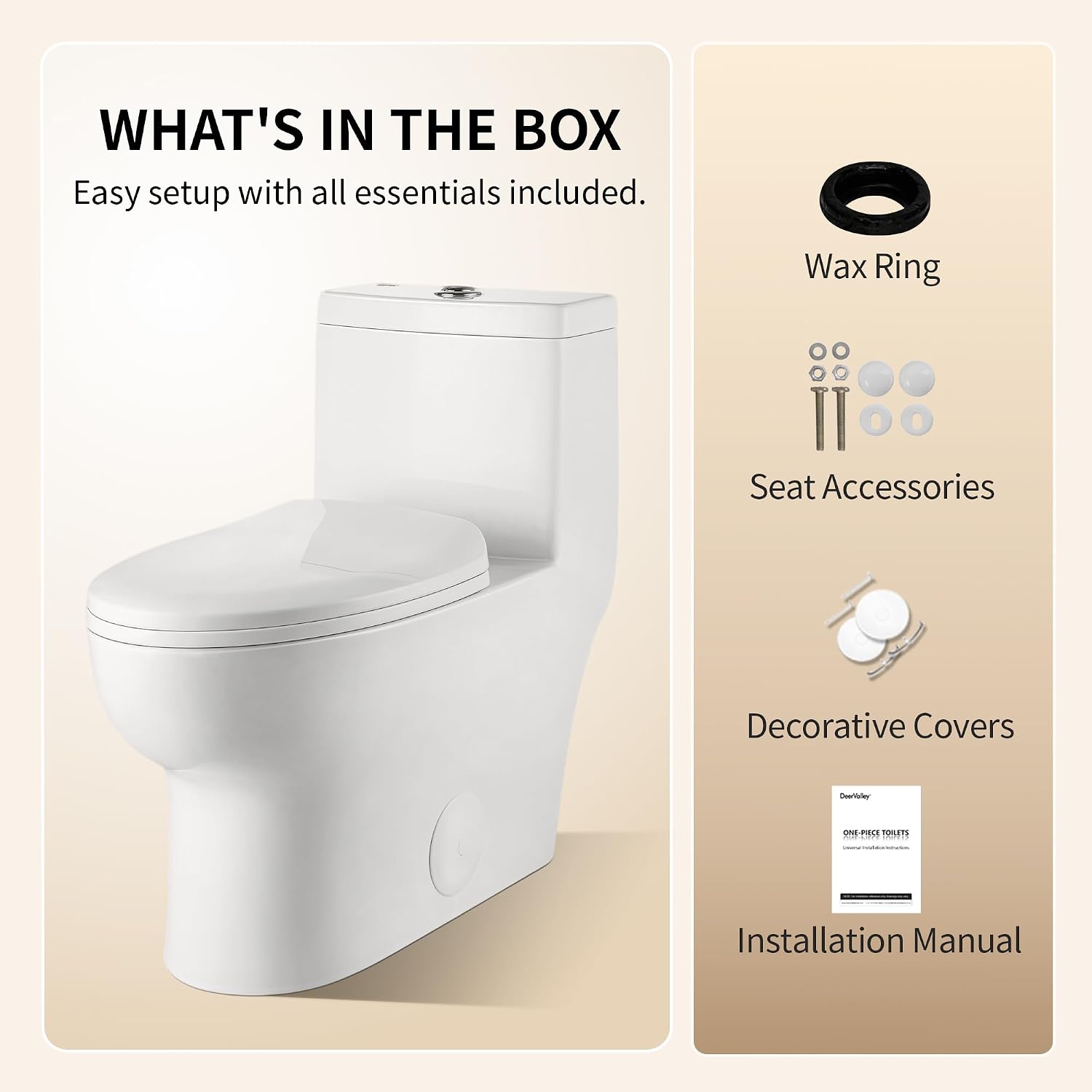 DeerValley Elongated One Piece Toilet with Efficient Dual Flush 1.1/1.6 GPF | Standard Height Toilet Bowl, Durable Ceramic, Slow Close Seat, Skirted Design 10' Rough-In Toilet for Bathroom DV-1F026R