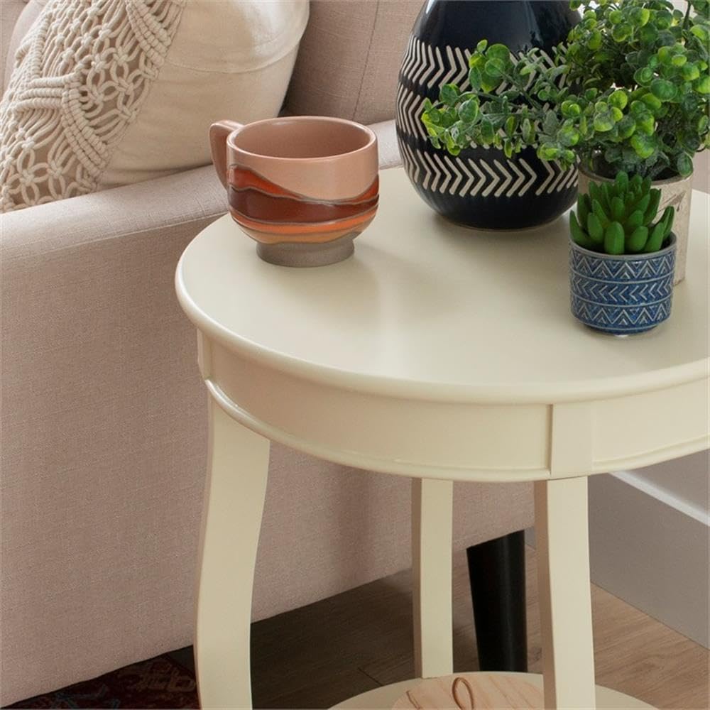 Pemberly Row Contemporary Wood Accent End Table, 18.5' W x 18.5' D x 24' H, Timber and MDF, Off White Finish, Round Shelves with Storage, Cabriole Tapered Legs, Living Room or Bedroom Use