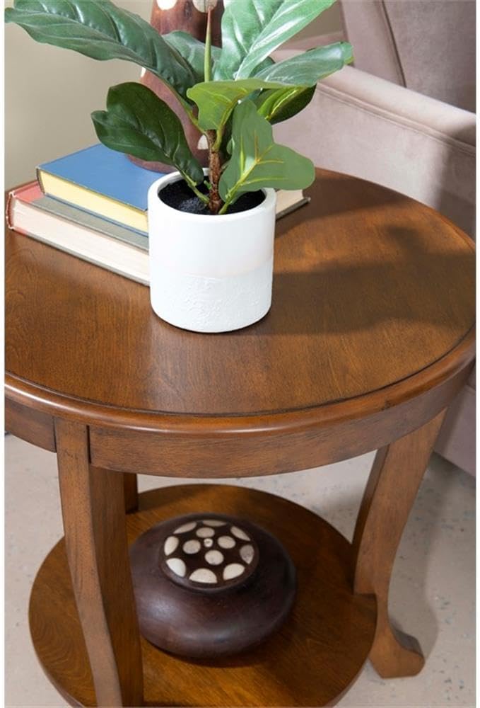 Pemberly Row Round Transitional Wood Side Table, Hazelnut Brown Finish, 22' W x 22' D x 24' H, MDF Acacia Oak Construction, Lower Shelf for Storage, Accent Table for Living Room or Bedroom Use