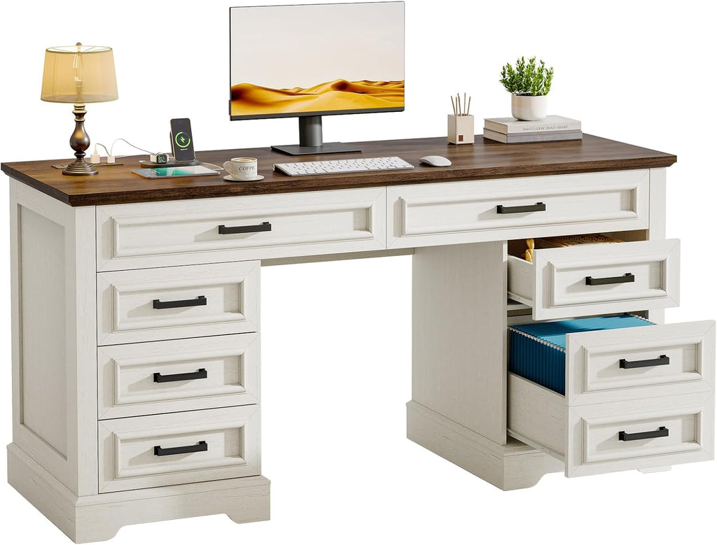 58' Executive Desk with 7 Drawers, Large Computer Desk with Charging Station , Wood Home Office Desk with File Drawer for Letter/A4 Size Hanging Files for Home Office, Rustic White and Rustic Brown