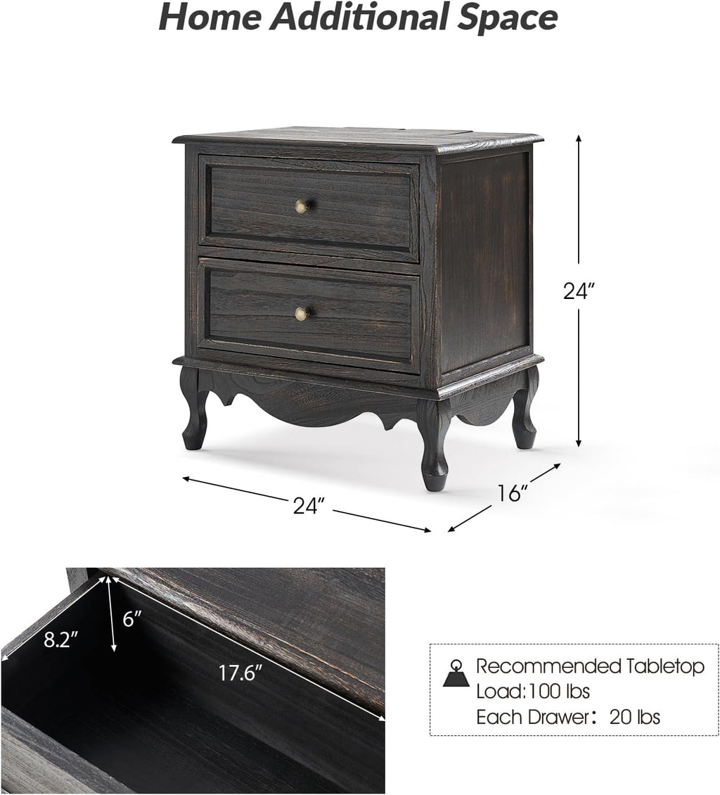 HULALA HOME Solid Wood End Tables Set of 2 with Charging Station Space, Vintage Endtables with Wood Legs and 2 Drawers, French Side Tables for Living Room, Charcoal