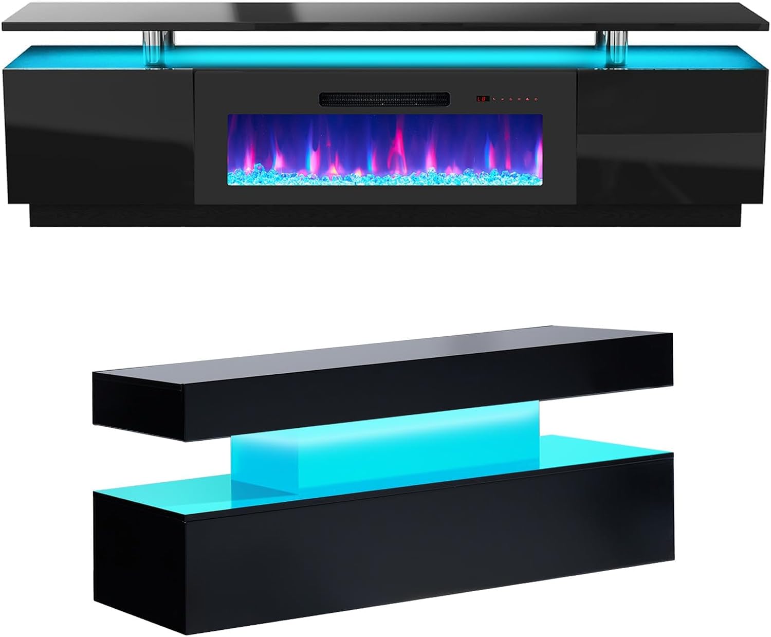 AMERLIFE 3 Piece Modern Living Room Table Set, Includes 80' High Gloss Fireplace TV Stand, 2-Tier Coffee Table, LED Lights Entertainment Center Set for Living Room, Black