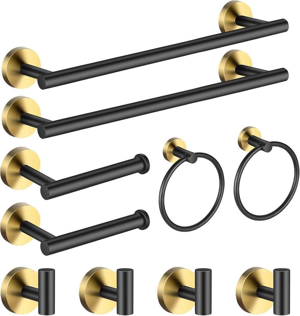 Bathroom Hardware Set Black and Gold Towel Bar Including 2pcs 16inch Bars Toilet Paper Holders,United States
