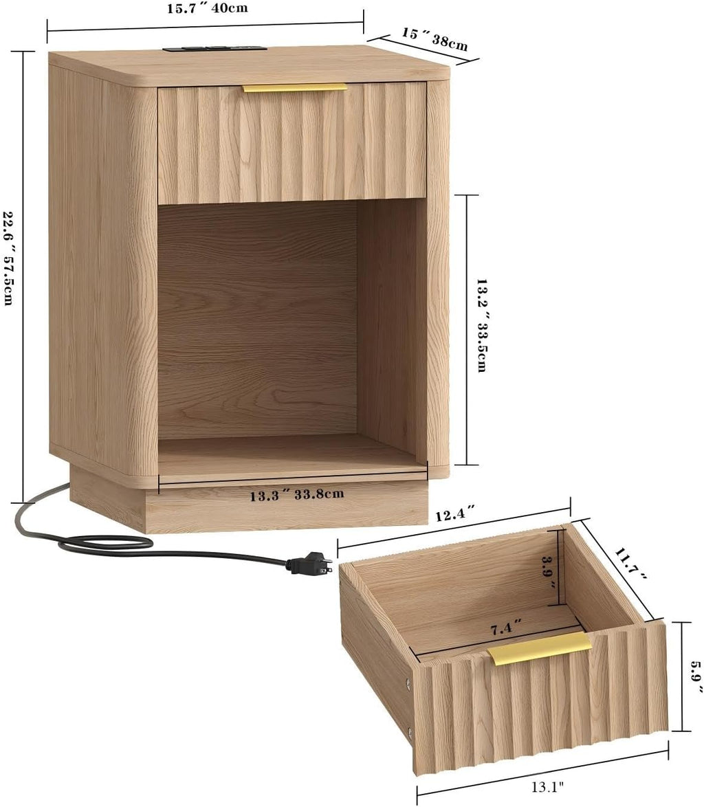 Akxomel Fluted Nightstands Set of 2, Wooden Night Stand with Charging Station and LED Light, Modern Mid Century Bed Side End Table with Drawer, 15' D x 15.7' W x 22.6' H, for Bedroom, Natural Oak
