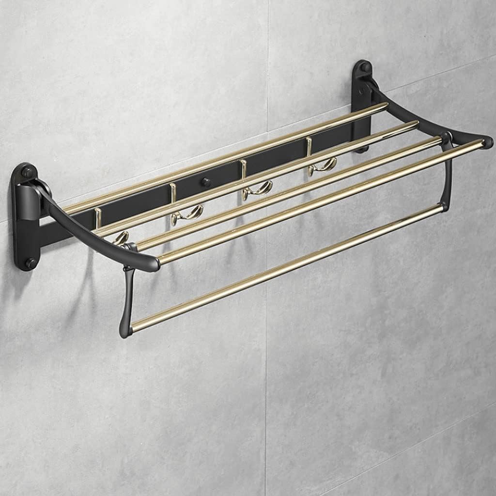 Towel Rack Towel Rail Stainless Steel Folding Towel Rack with 4 Hooks Wall Mounted Towel Holder Light Bathroom Towel Shelf Bath Towel Bar Towel Bar Towel Holder/A-Black Gold/60Cm