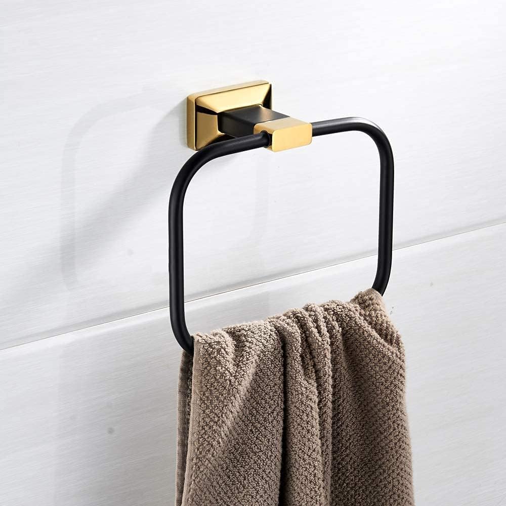 Towel Holder，Towel Ring Square Black Gold Towel Bar Brass Wall-Mounted Hand Towel Rail Rack Holder Perforated Installation for Bathroom Kitchen