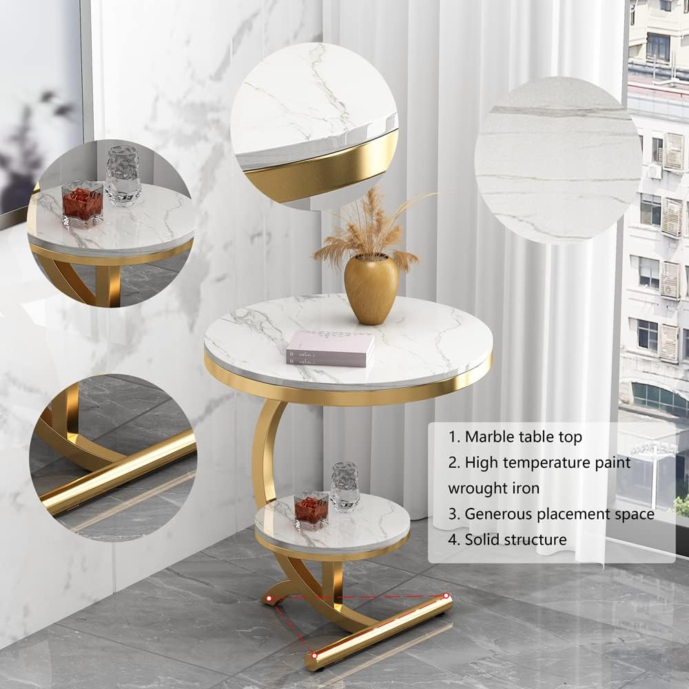 Luxury Marble End Table Decor & More Round Coffee Table with Storage Shelf for Home & Living Room |Gold Coffee Table|Outdoor & Indoor Furniture(Color : Gold+White, Size : Double Layer)