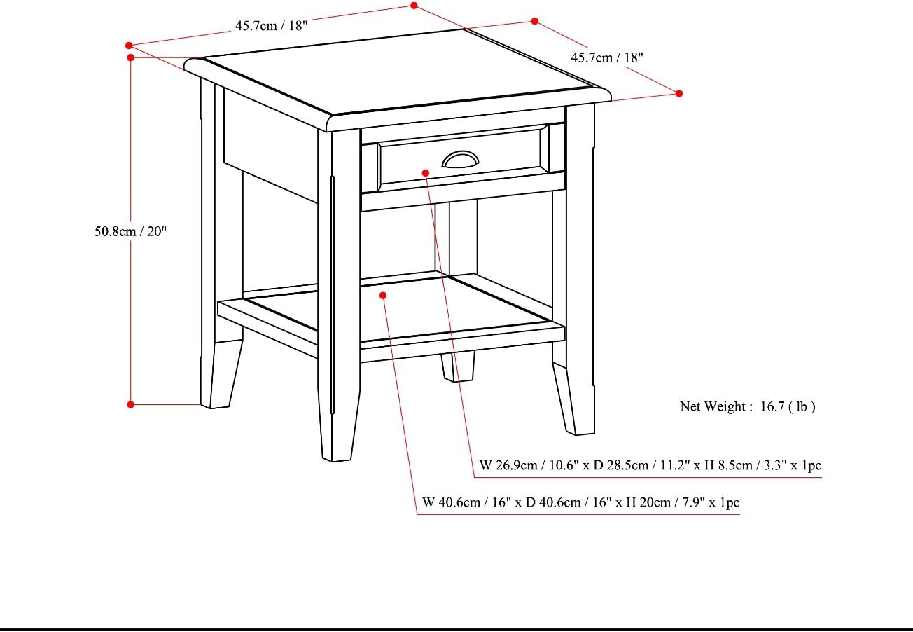 SIMPLIHOME Burlington End Table - 18 inch Wide Solid Wood Square Accent Table with Drawer and Open Shelf in Mahogany Brown, Transitional Nightstand or Lamp Stand for Living Room or Bedroom