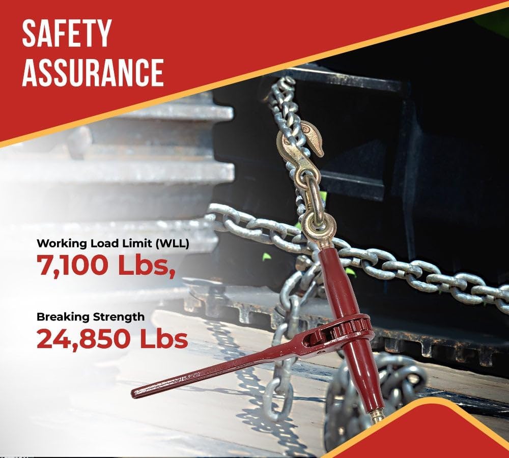 Mytee Products 4 Pack 5/16'-3/8' Heavy Duty Ratchet Lever Load Binder w/Grab Hooks and Eye 7100 Lbs Working Load Limit - Red | Tie Down Hauling Chain Binders for Flatbed Truck Trailer