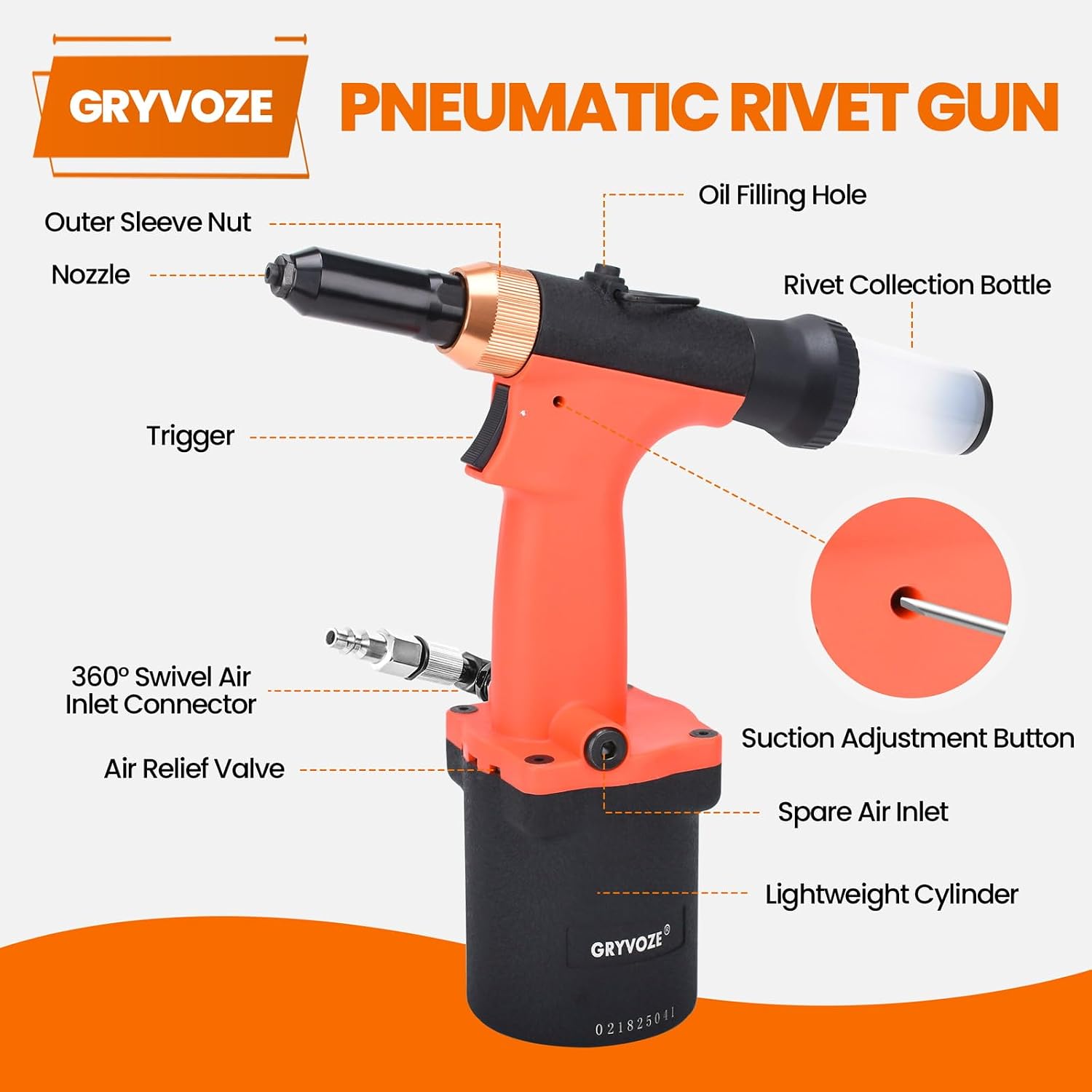 Pneumatic Rivet Gun Air Pop Riveter Tool Kit with 3/32', 1/8', 5/32', 3/16' Rivet Nozzles, Self-Suction Pneumatic Riveting Gun, Upgraded Air Riveter Hydraulic Pop Riveting Rivets Tool
