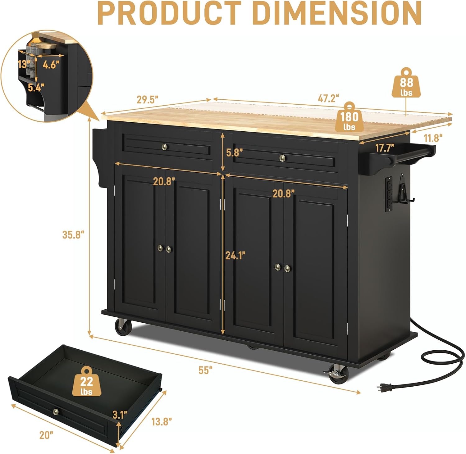 Hlivelood 55' Movable Kitchen Island with Drop Leaf and Power Outlet, Rolling Cart with Storage Cabinet, Island Table on Wheels for Kitchen with 2 Drawers, Spice Rack, Towel Bar, Garage Hook, Black