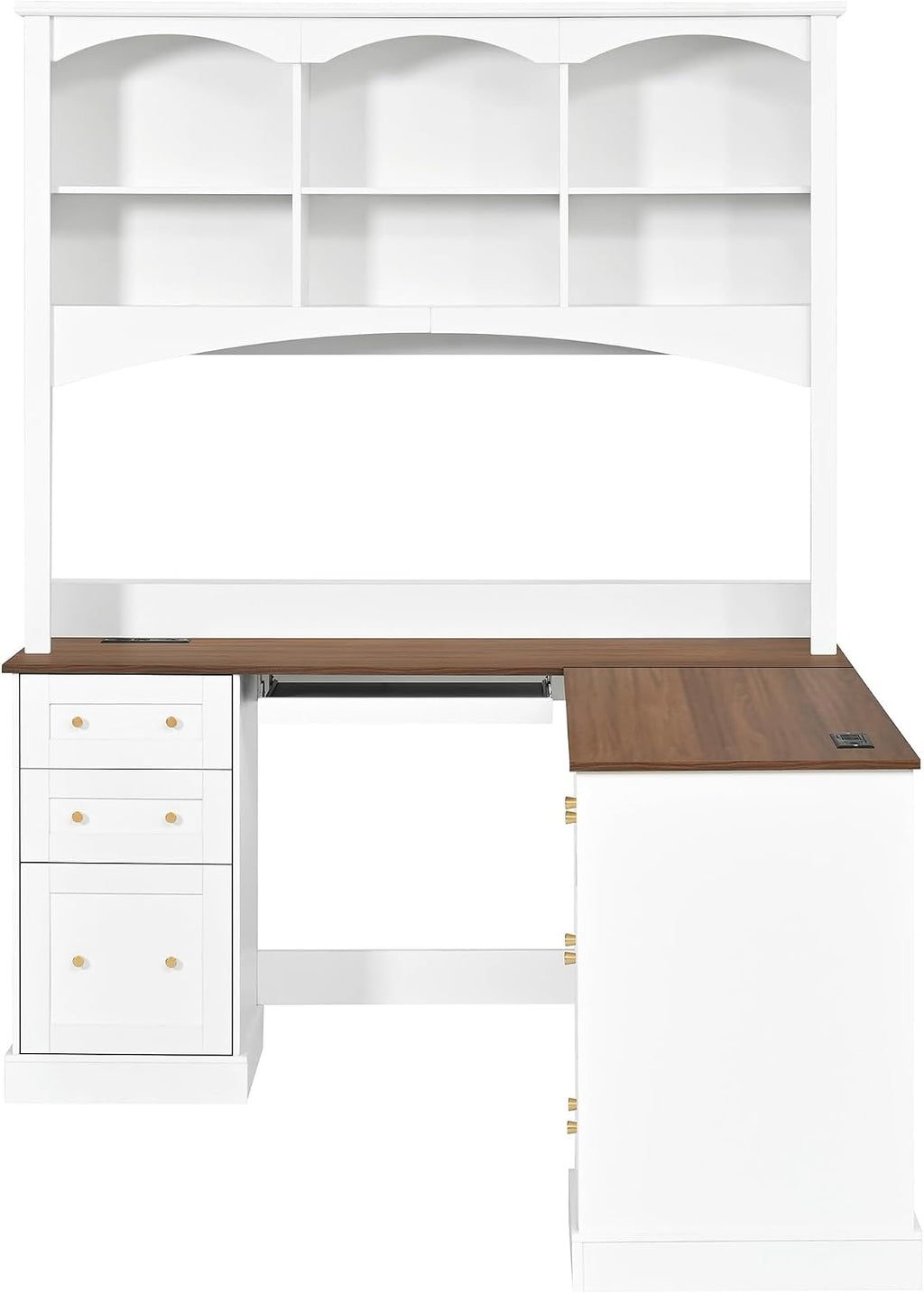 L-Shaped Computer Desk with Keyboard Tray | Charging Stations,Corner Desk with Arched Hutch, All-in-One Home Office Desk for Study, Office