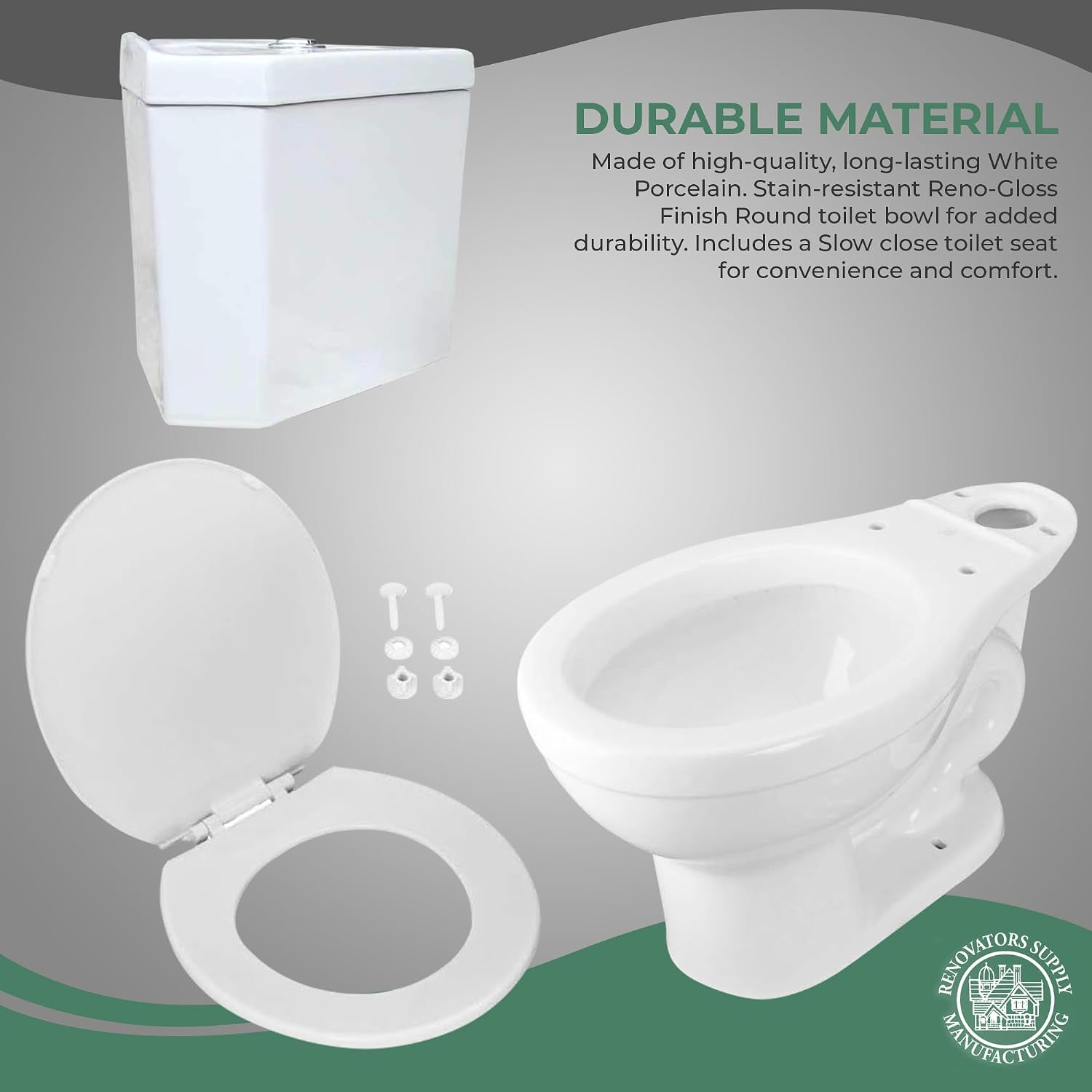 Renovators Supply Manufacturing Dual Flush Corner 2-Piece Round Toilet, Troyt Style with Slow Close Seat, 0.8/1.6 GPF Water Saving, 12 in Rough-In White Vitreous China