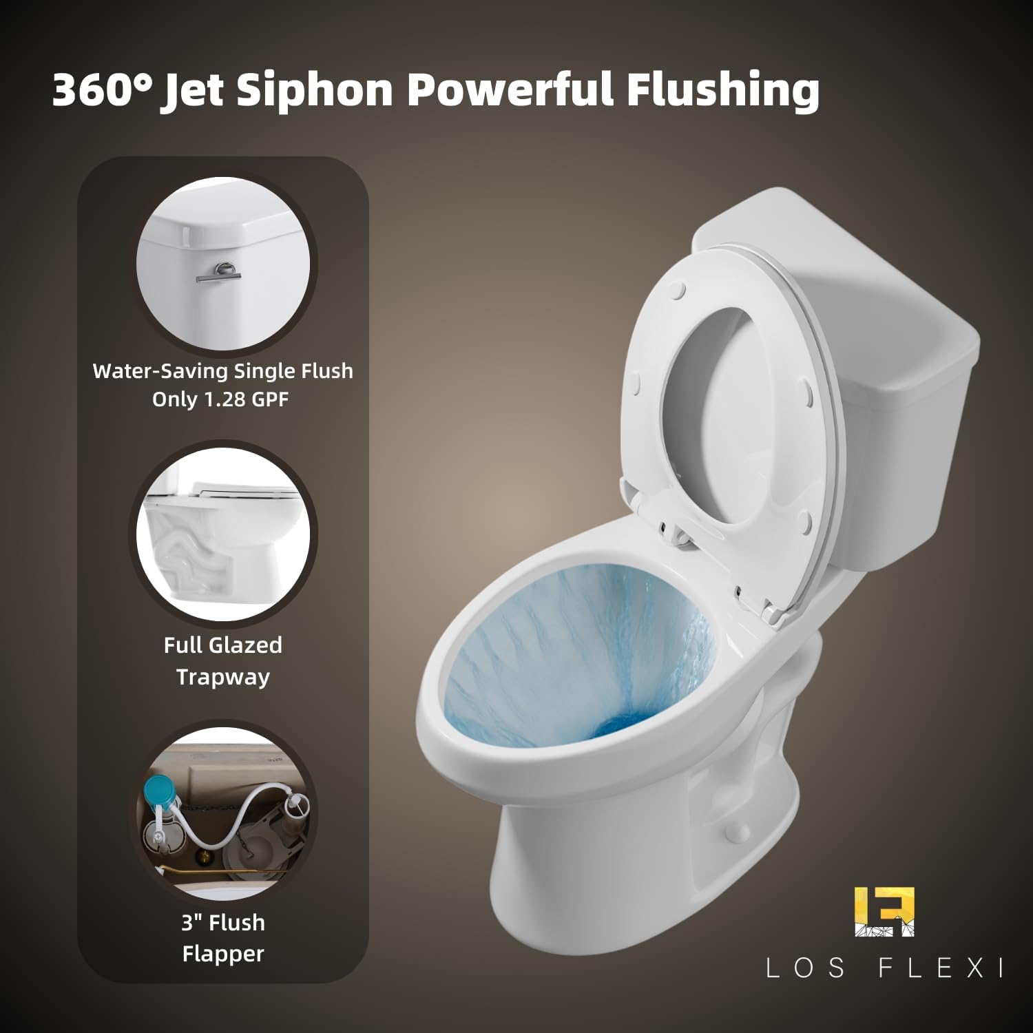 19 Inch High Toilet, Los Flexi ADA & Elongated Extra Tall Toilet for Seniors, Comfort Height Two-Piece Toilet With Soft-Close Seat,12' Rough-In, S-Trap, Siphonic Flush 1.28 GPF